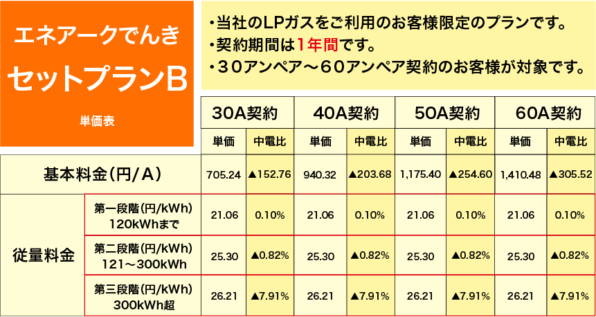 エネアークでんきセットプランB 単価表